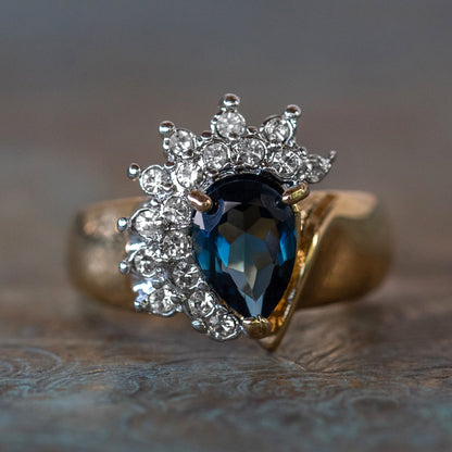 Vintage 1980s Sapphire CZ and Clear Austrian Crystal Ring - 18k Gold Electroplated Two Tone jewelry image 1