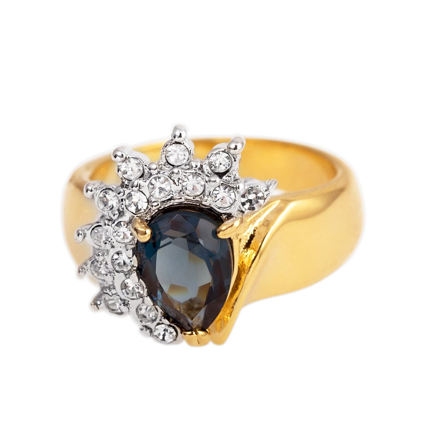 Vintage 1980s Sapphire CZ and Clear Austrian Crystal Ring - 18k Gold Electroplated Two Tone jewelry image 1