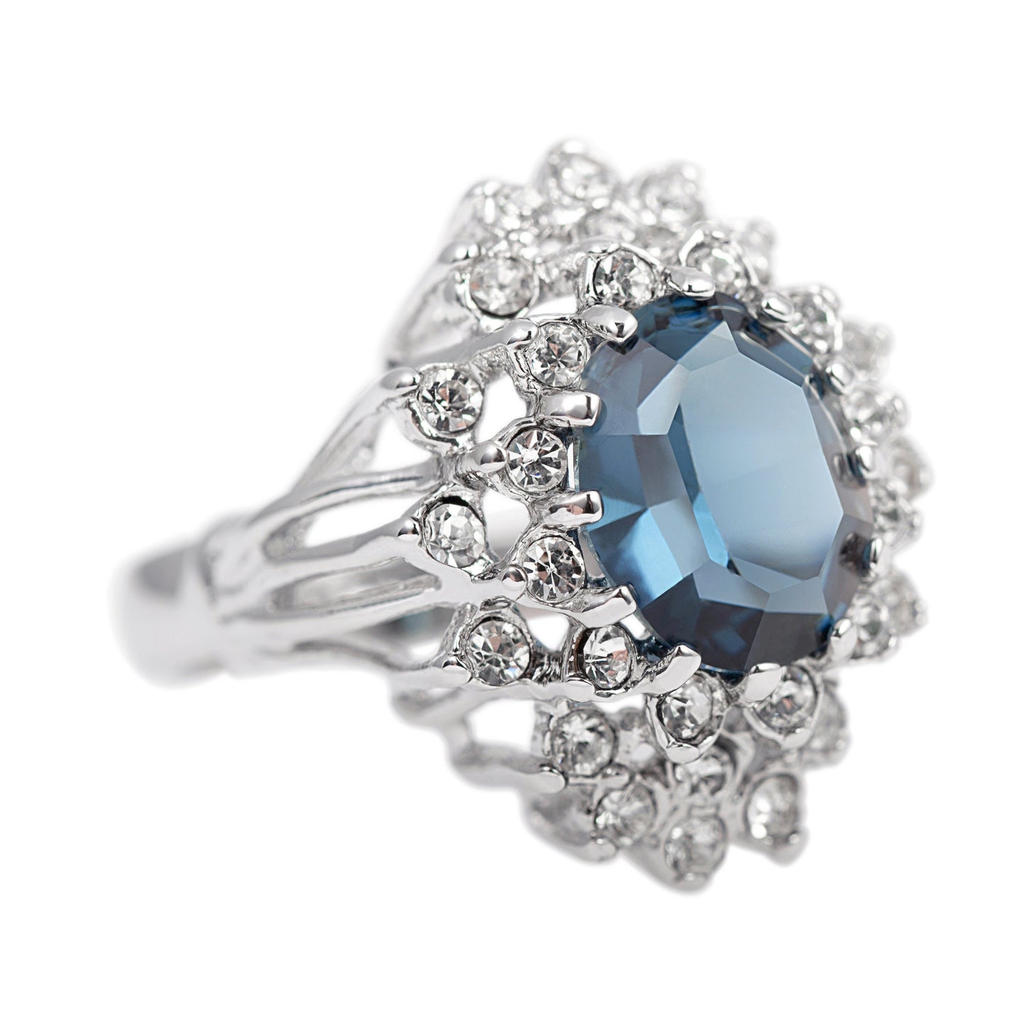 Vintage Austrian Crystal Sapphire Blue Cocktail Ring - 18k White Gold Electroplated jewelry image 1