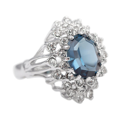 Vintage Austrian Crystal Sapphire Blue Cocktail Ring - 18k White Gold Electroplated jewelry image 1
