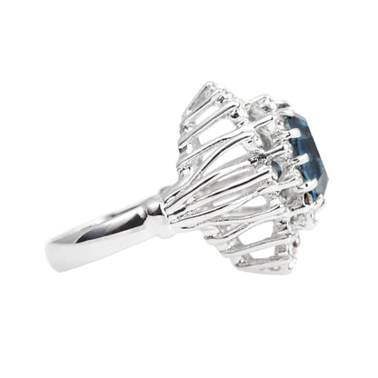 Vintage Austrian Crystal Sapphire Blue Cocktail Ring - 18k White Gold Electroplated jewelry image 1