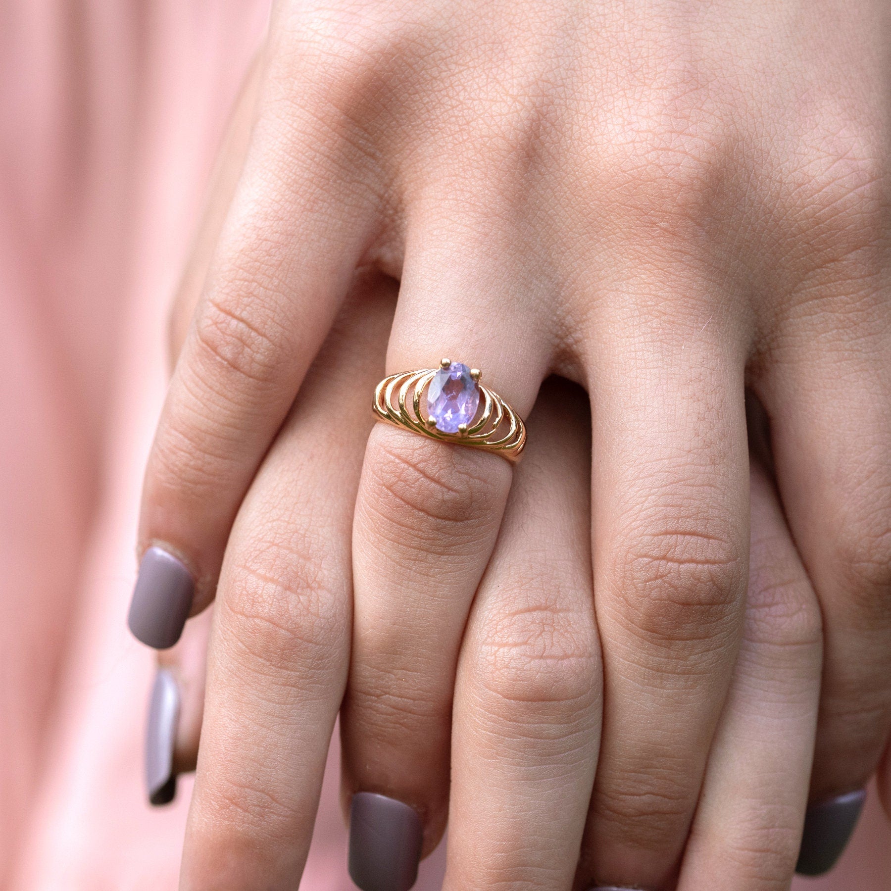 Vintage 1980s Genuine Amethyst Ring - 18kt Yellow Gold Electroplated - Made in USA jewelry image 1