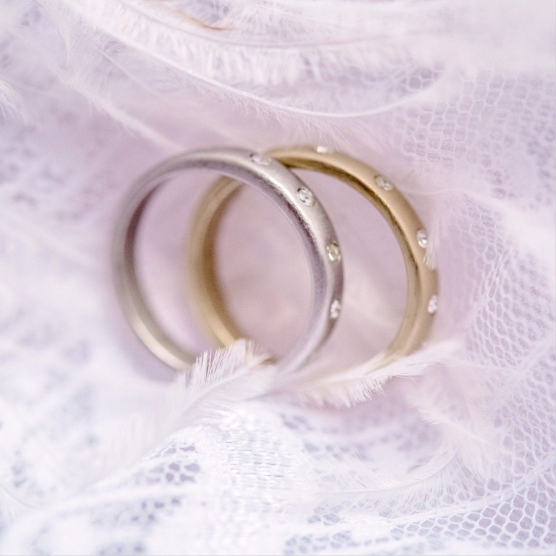 Vintage 18kt White Gold Plated Brushed Band Ring with Clear Austrian Crystals – Made in USA jewelry image 1