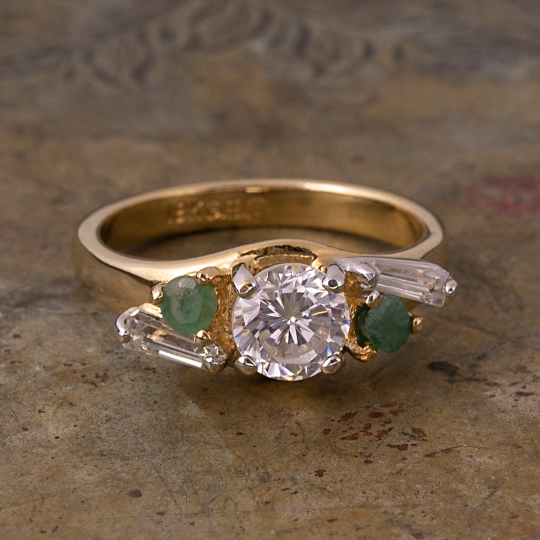 Vintage Cubic Zirconia & Genuine Emerald 18k Gold Electroplated Ring - Made in USA jewelry image 1