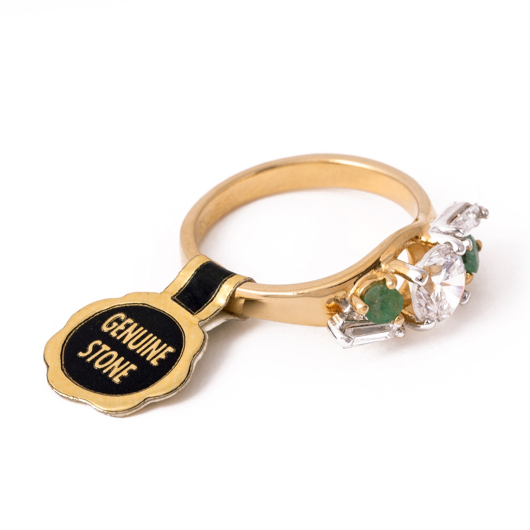 Vintage Cubic Zirconia & Genuine Emerald 18k Gold Electroplated Ring - Made in USA jewelry image 1