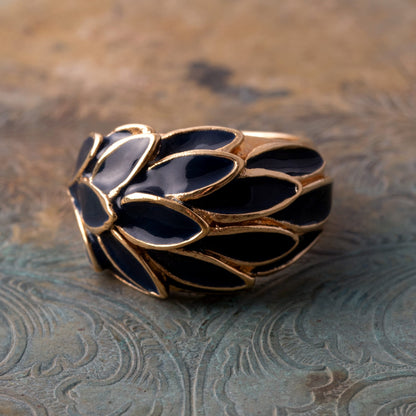 Vintage 1970s Deep Blue Enamel Leaf Motif 18k Gold Electroplated Ring - Made in USA jewelry image 1