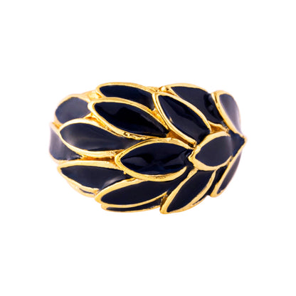 Vintage 1970s Deep Blue Enamel Leaf Motif 18k Gold Electroplated Ring - Made in USA jewelry image 1