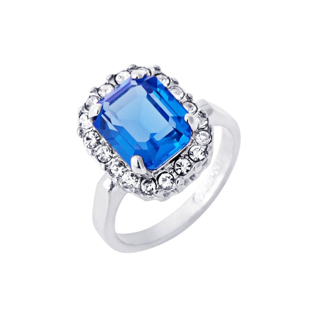 Vintage Blue Topaz Crystal and Clear Austrian Crystal Halo Ring - 18k White Gold Electroplated jewelry image 1