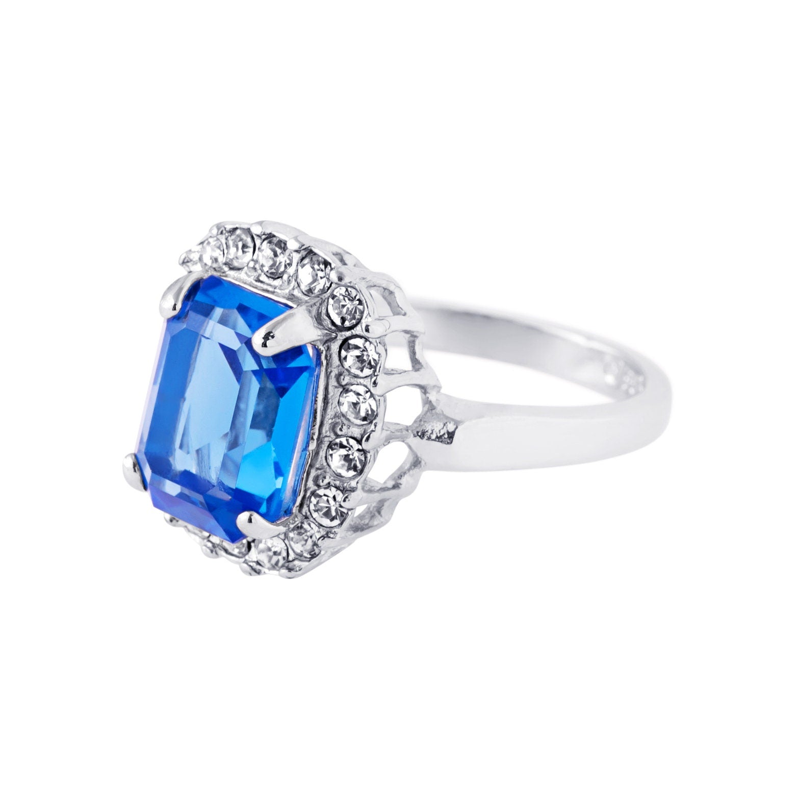Vintage Blue Topaz Crystal and Clear Austrian Crystal Halo Ring - 18k White Gold Electroplated jewelry image 1