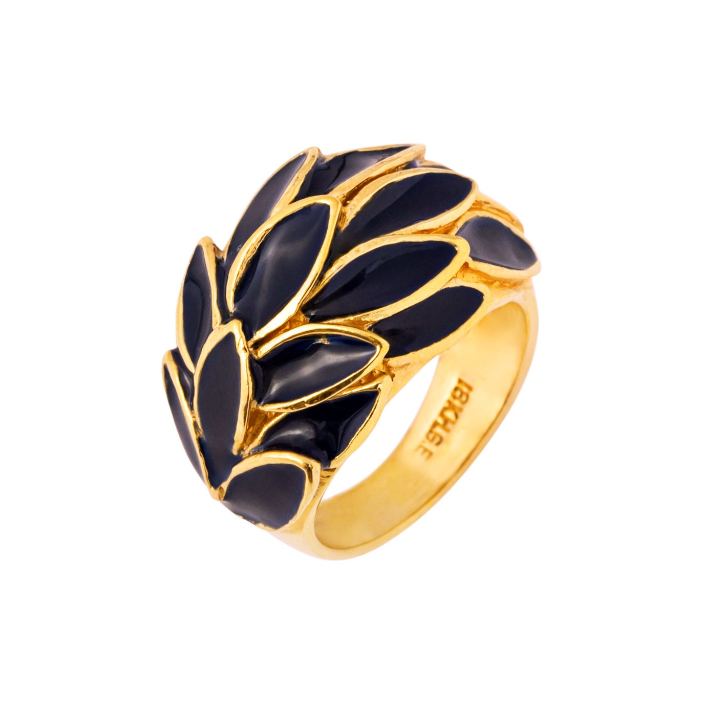 Vintage 1970s Deep Blue Enamel Leaf Motif 18k Gold Electroplated Ring - Made in USA jewelry image 1