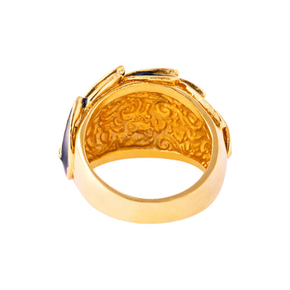 Vintage 1970s Deep Blue Enamel Leaf Motif 18k Gold Electroplated Ring - Made in USA jewelry image 1