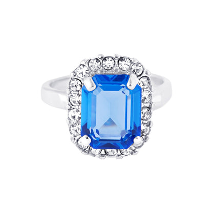 Vintage Blue Topaz Crystal and Clear Austrian Crystal Halo Ring - 18k White Gold Electroplated jewelry image 1