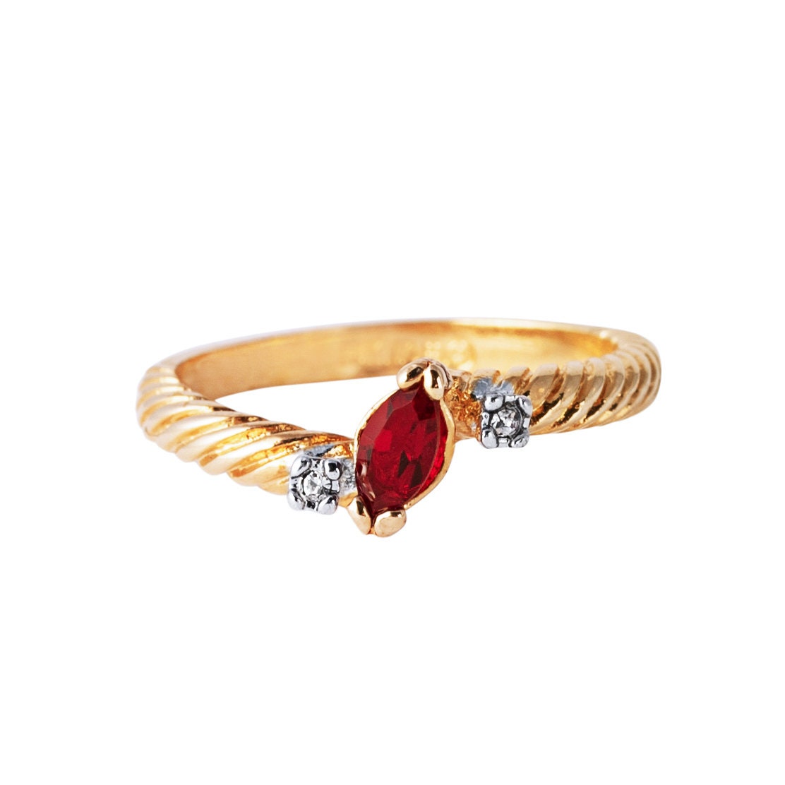 Vintage Dainty Ruby and Clear Austrian Crystal Ring – 18k Yellow Gold Electroplated – Made in USA jewelry image 1
