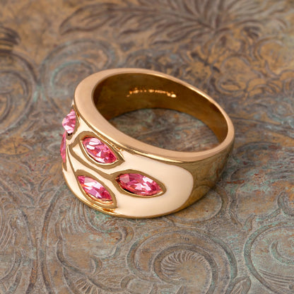 Vintage 1980s White Enamel Ring with Pink Austrian Crystal Leaf Motif - 18k HGE Gold Plated - Made in USA #R3043 jewelry image 1
