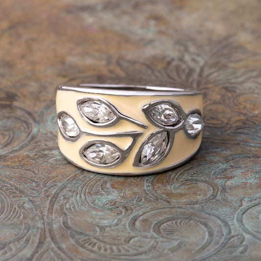 Vintage 1980s Cream Enamel Leaf Motif Band Ring with Clear Austrian Crystals – 18k White Gold Electroplated jewelry image 1