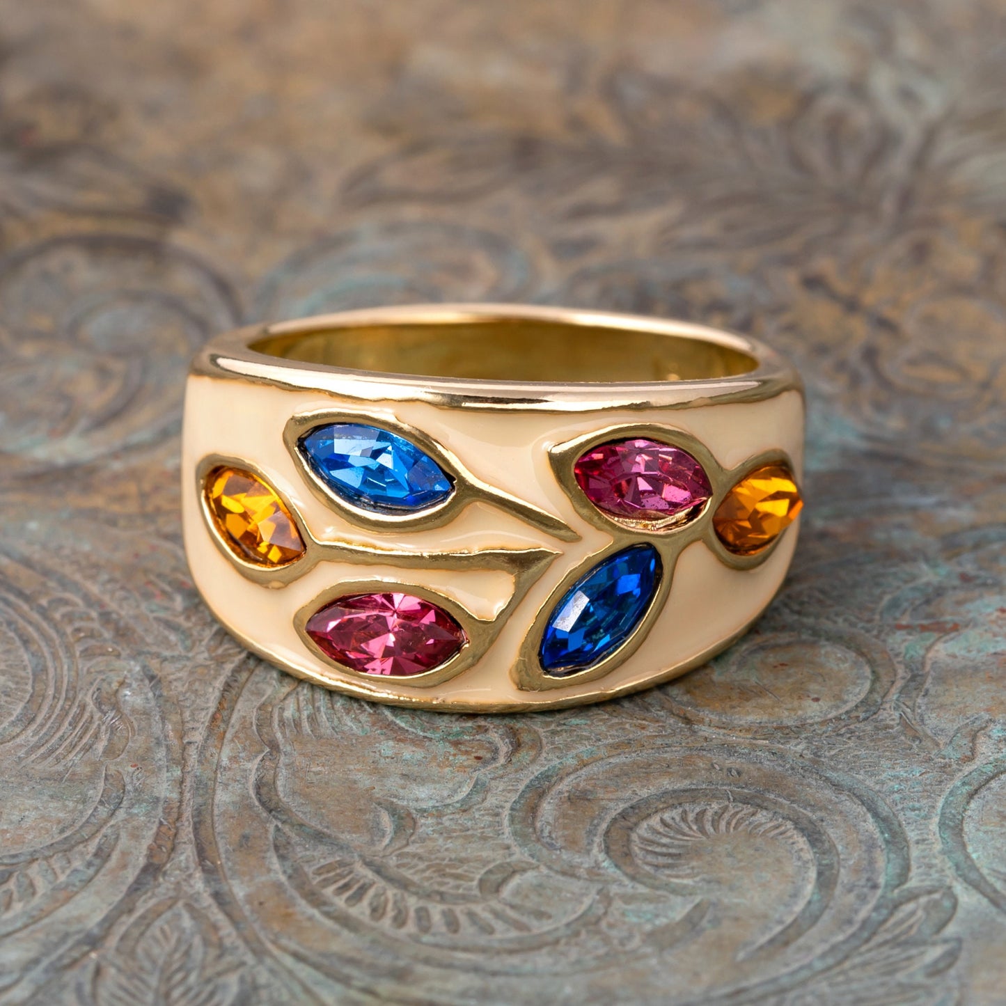 Vintage 1980s Cream Enamel Leaf Motif Band Ring with Multicolor Austrian Crystals - 18k Gold Electroplated jewelry image 1