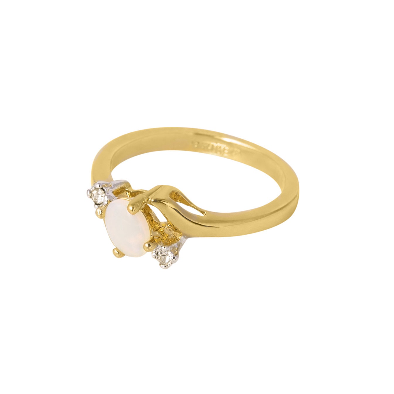 Vintage 1980s Genuine Opal and Clear Crystal Ring - 18k Yellow Gold Electroplated - October Birthstone - Made in USA jewelry image 1