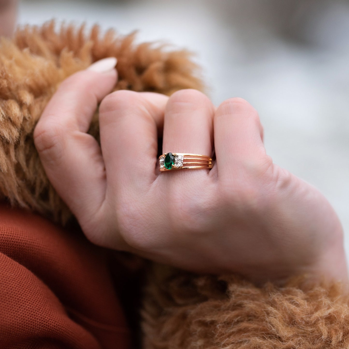 Vintage 1980s Emerald and Clear Austrian Crystal 18k Gold Electroplated Band Ring - Made in USA jewelry image 1