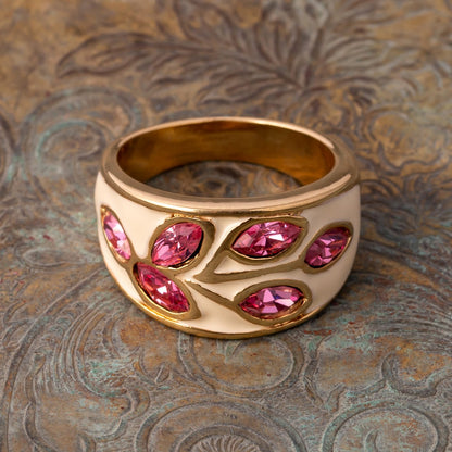 Vintage 1980s Cream Enamel Leaf Motif Band Ring with Pink Austrian Crystals - 18k Gold Electroplated - Made in USA jewelry image 1