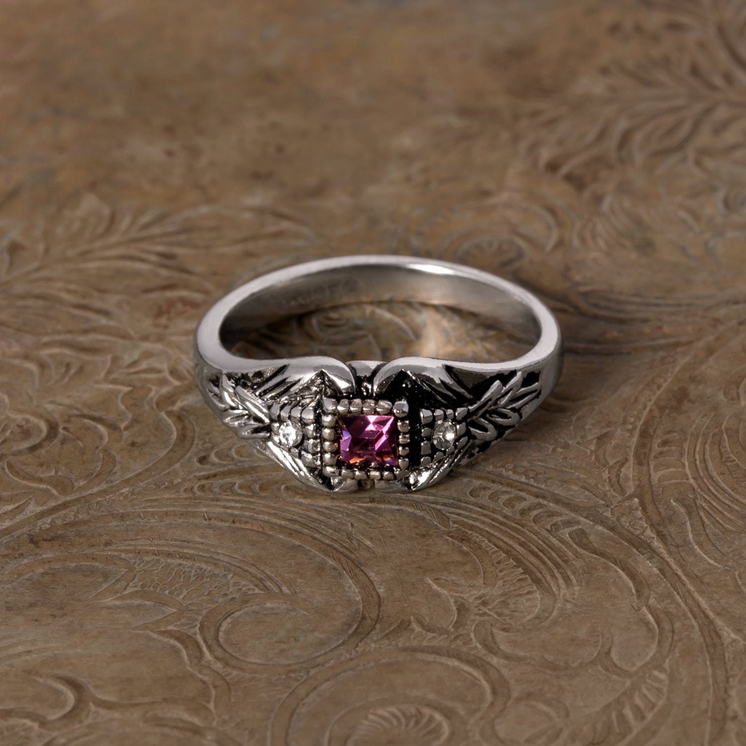 Vintage 1980s Amethyst and Clear Austrian Crystal Ring - 18k Antique White Gold Electroplated - Made in USA jewelry image 1