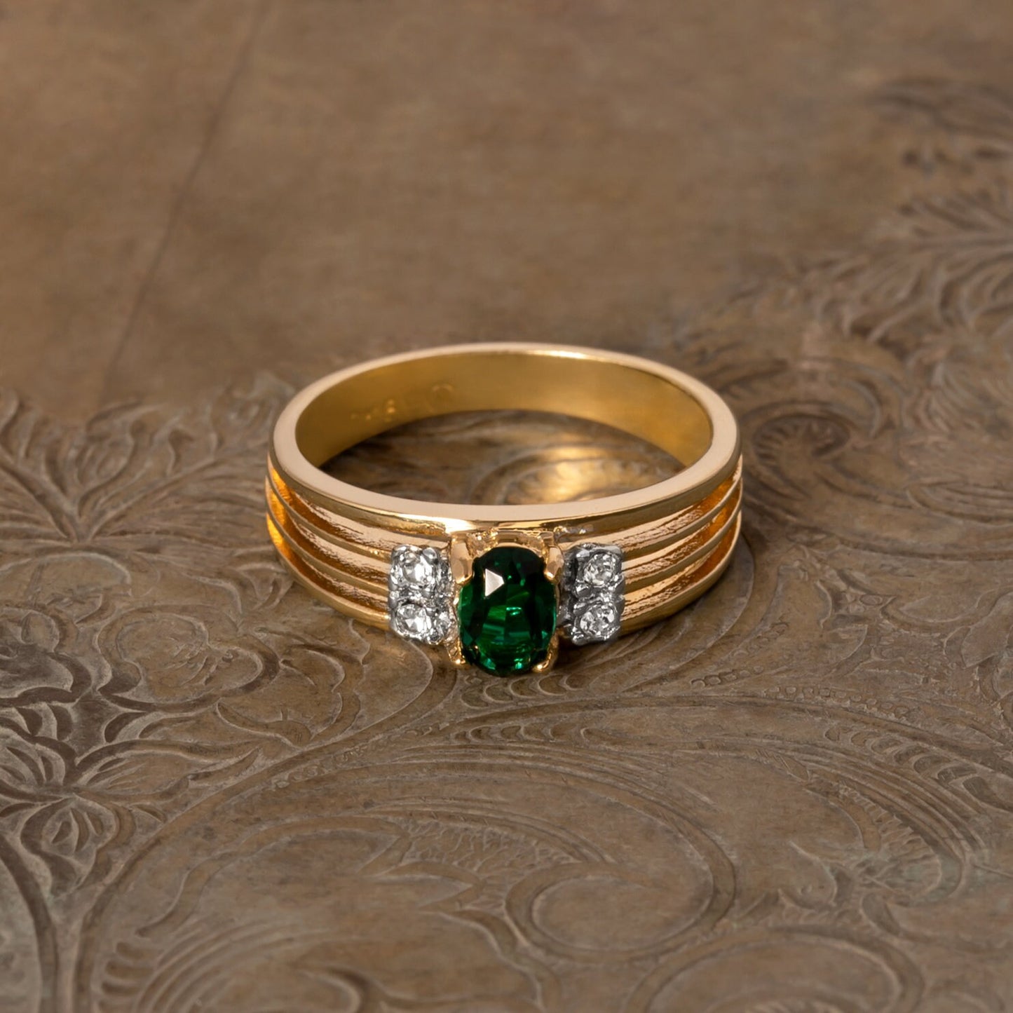 Vintage 1980s Emerald and Clear Austrian Crystal 18k Gold Electroplated Band Ring - Made in USA jewelry image 1