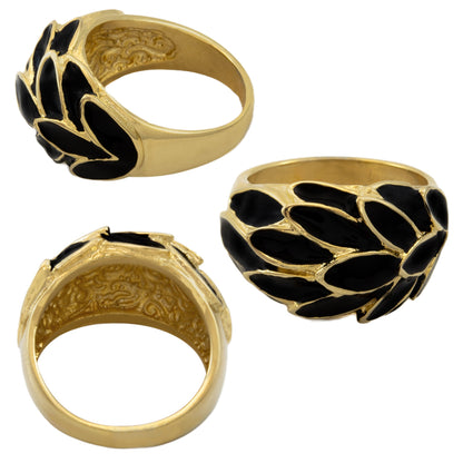 Vintage 1970s Black Enamel Leaf Motif 18k Gold Electroplated Ring - Made in USA jewelry image 1