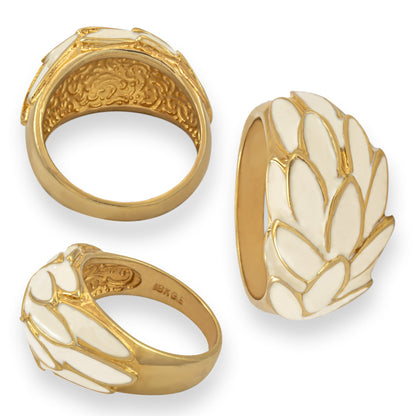 Vintage 1970s White Enamel Leaf Motif 18k Gold Electroplated Ring - Made in USA jewelry image 1