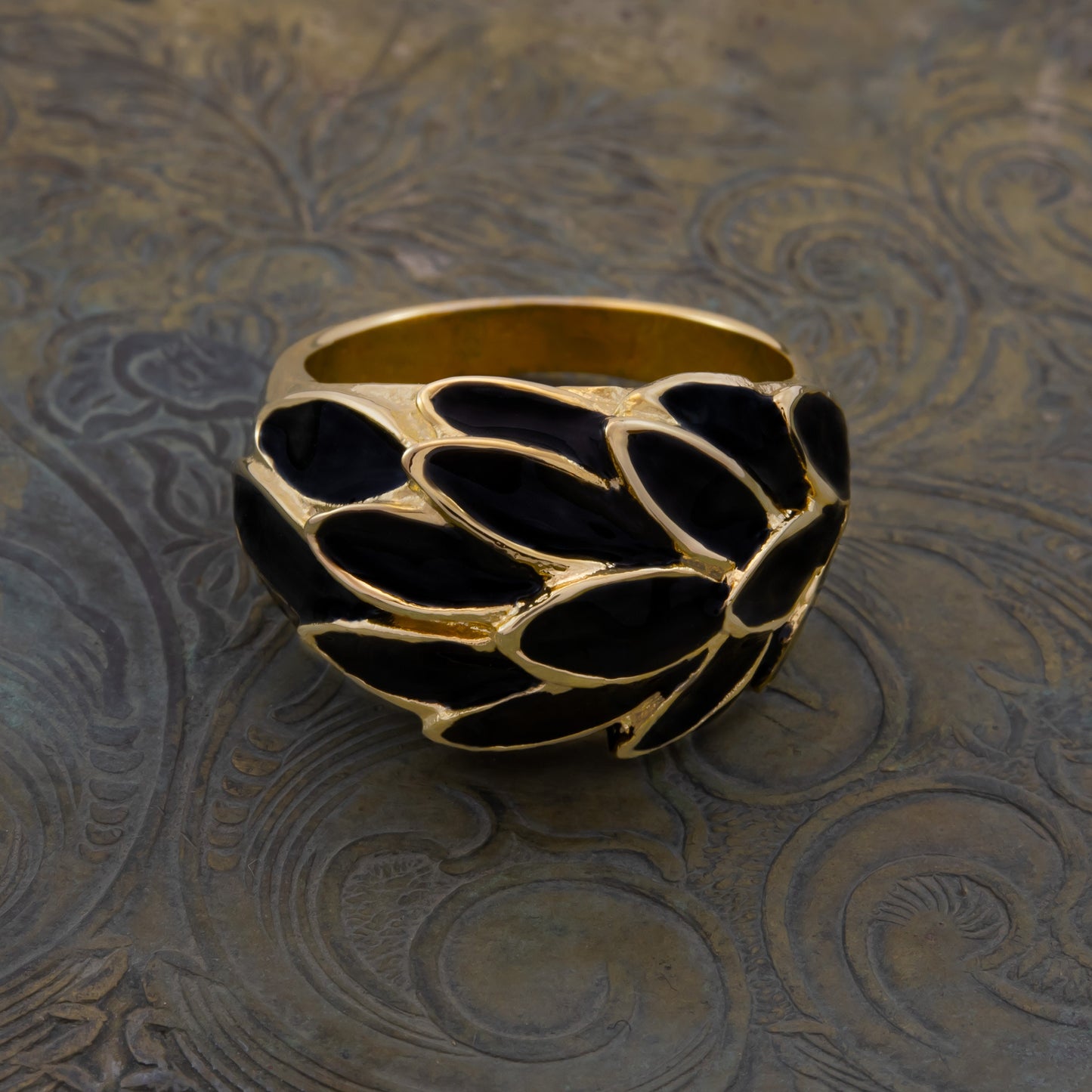 Vintage 1970s Black Enamel Leaf Motif 18k Gold Electroplated Ring - Made in USA jewelry image 1