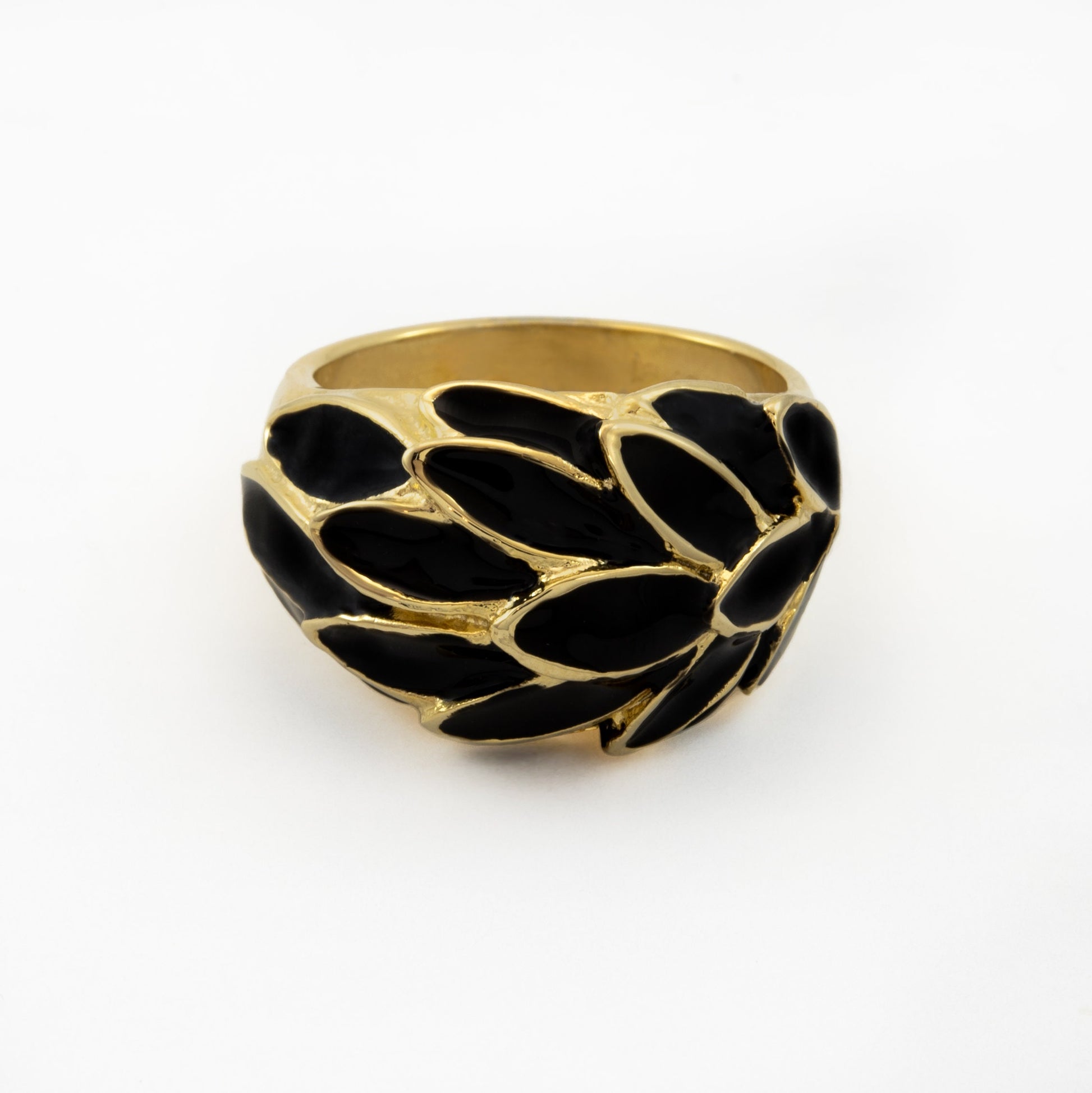 Vintage 1970s Black Enamel Leaf Motif 18k Gold Electroplated Ring - Made in USA jewelry image 1