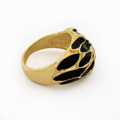 Vintage 1970s Black Enamel Leaf Motif 18k Gold Electroplated Ring - Made in USA jewelry image 1