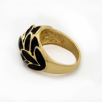 Vintage 1970s Black Enamel Leaf Motif 18k Gold Electroplated Ring - Made in USA jewelry image 1