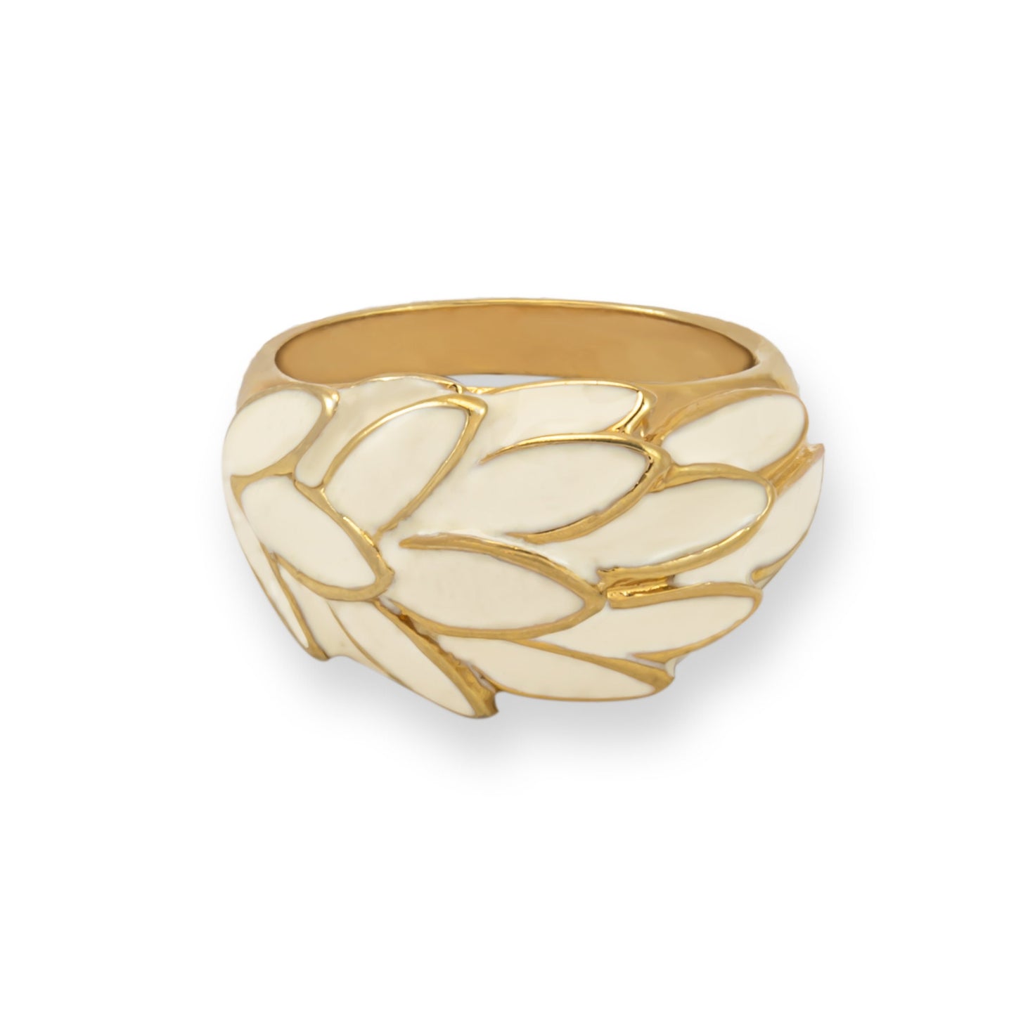 Vintage 1970s White Enamel Leaf Motif 18k Gold Electroplated Ring - Made in USA jewelry image 1