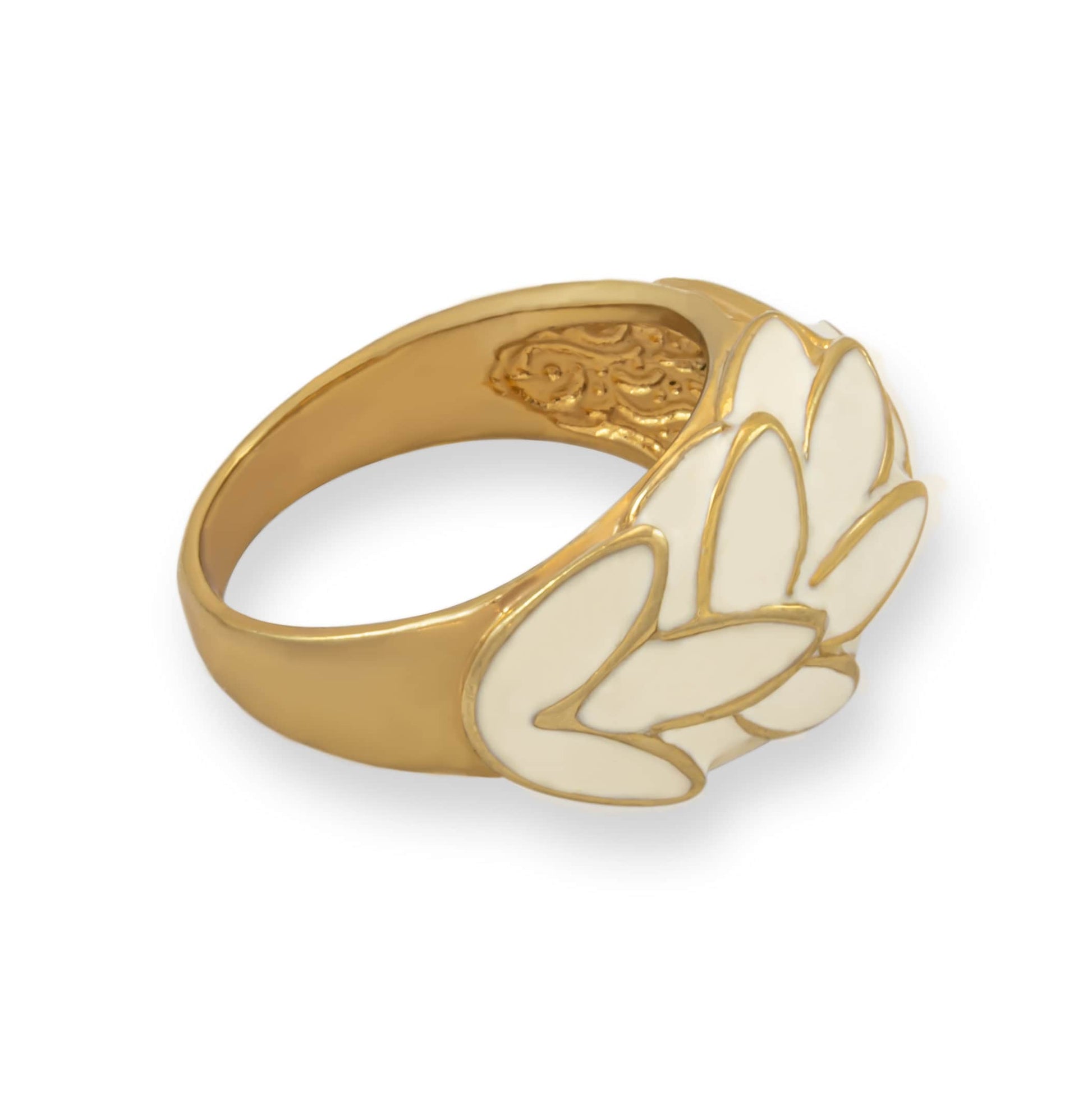 Vintage 1970s White Enamel Leaf Motif 18k Gold Electroplated Ring - Made in USA jewelry image 1