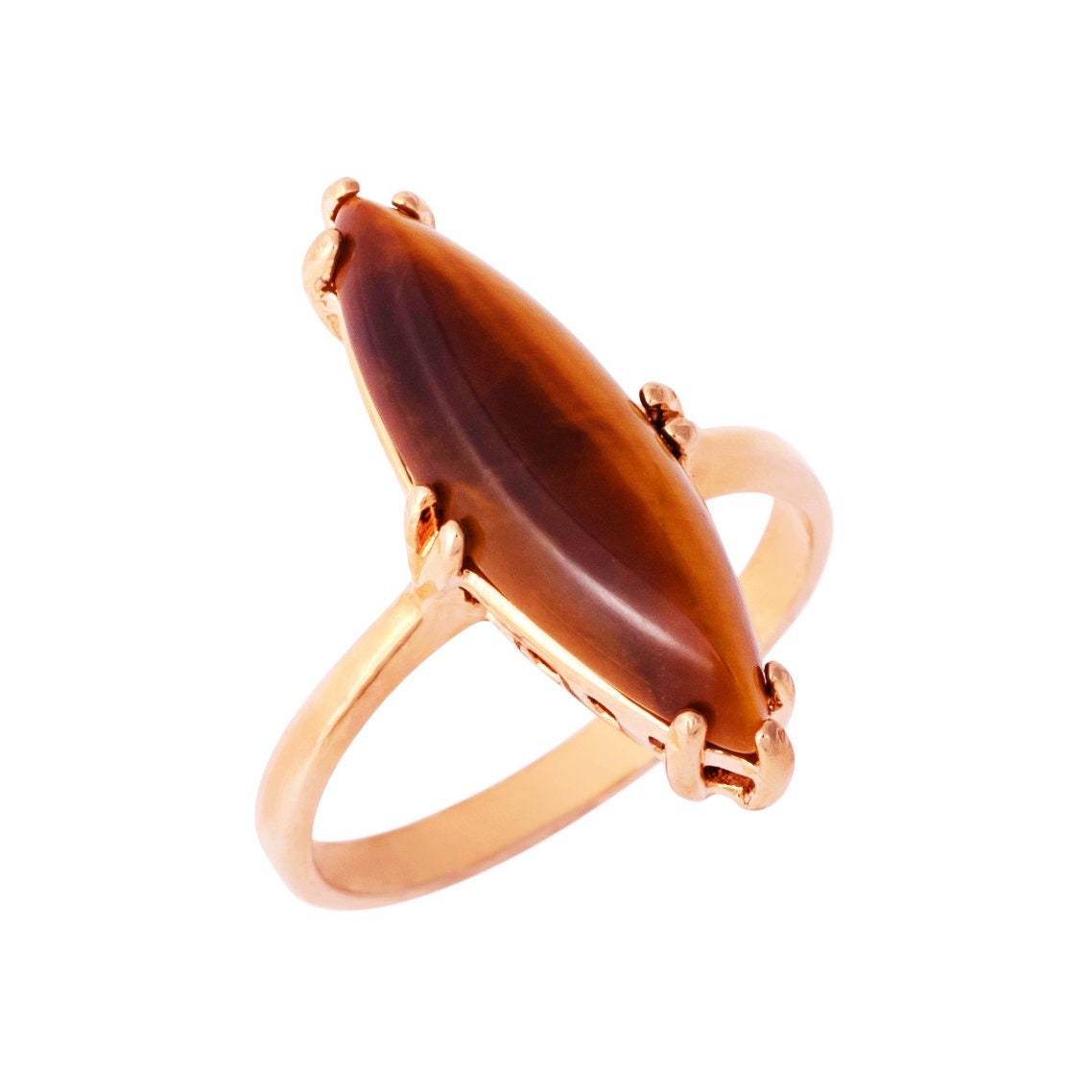 Vintage Genuine Tiger's Eye Marquise Ring – 18k Yellow Gold Electroplated, Made in USA jewelry image 1