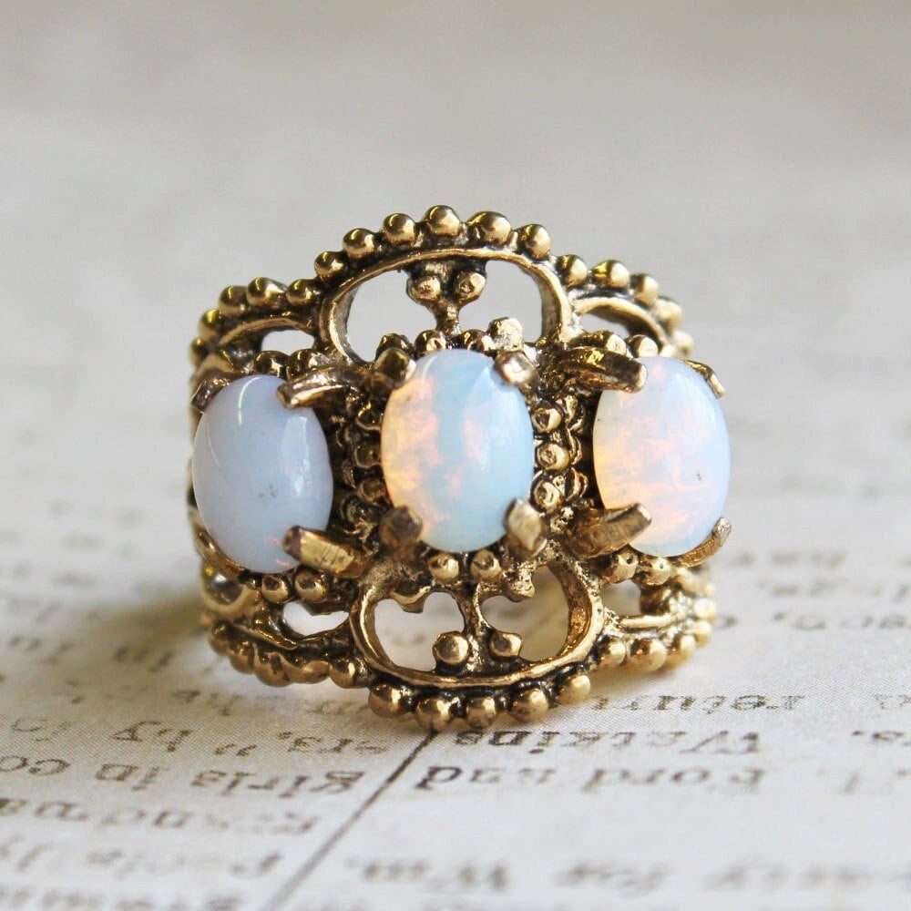 Vintage Genuine Pinfire Opal Three-Stone Ring – 18kt Gold Electroplate Antiqued Setting jewelry image 1