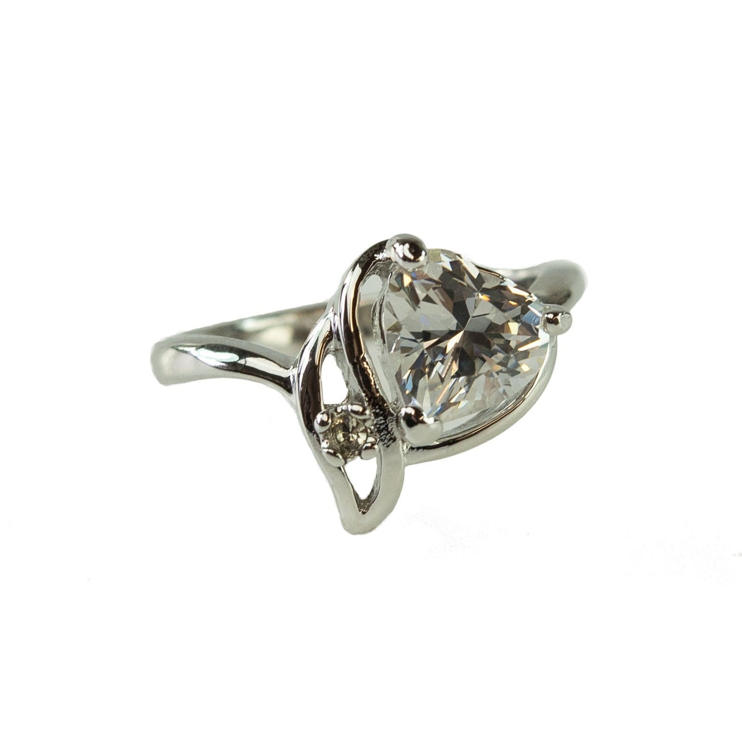 Vintage Heart Shaped Cubic Zirconia Ring - 18k White Gold Electroplated - Made in USA jewelry image 1