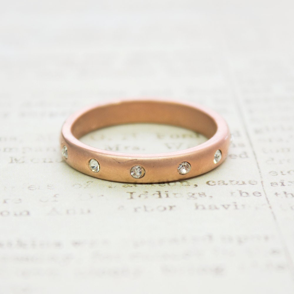 Vintage 1980s Brushed Rose Gold Electroplated Stacking Band with Austrian Crystals - Made in USA jewelry image 1