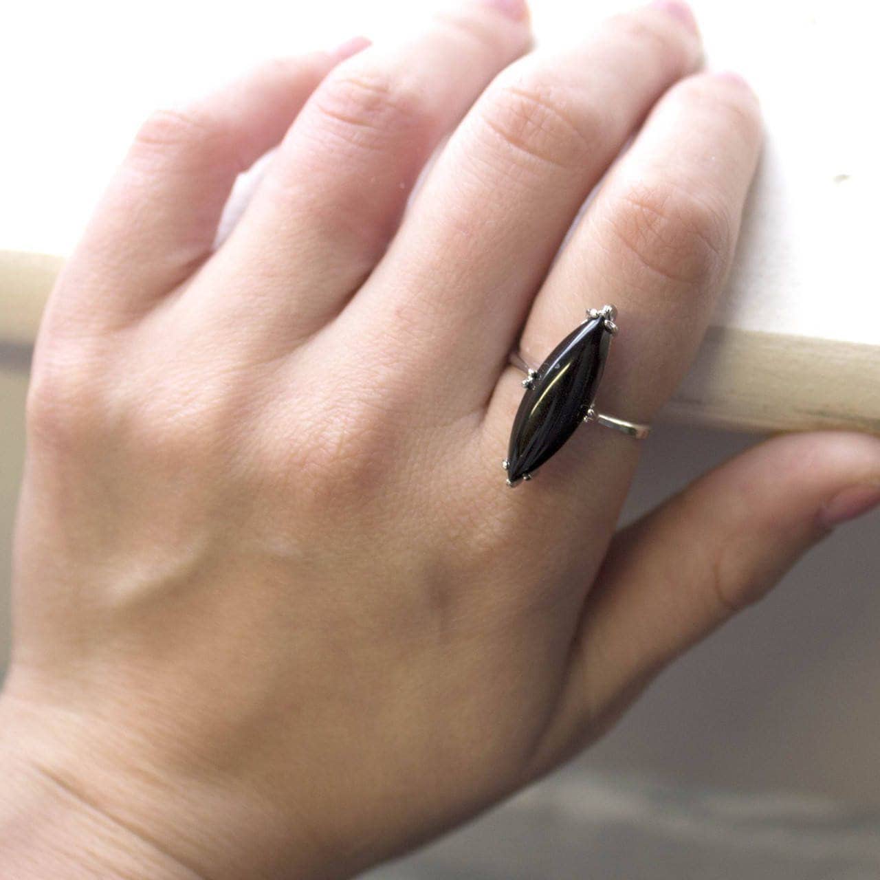 Vintage Genuine Onyx Marquise Cut Ring - 18kt White Gold Electroplated - Made in USA jewelry image 1