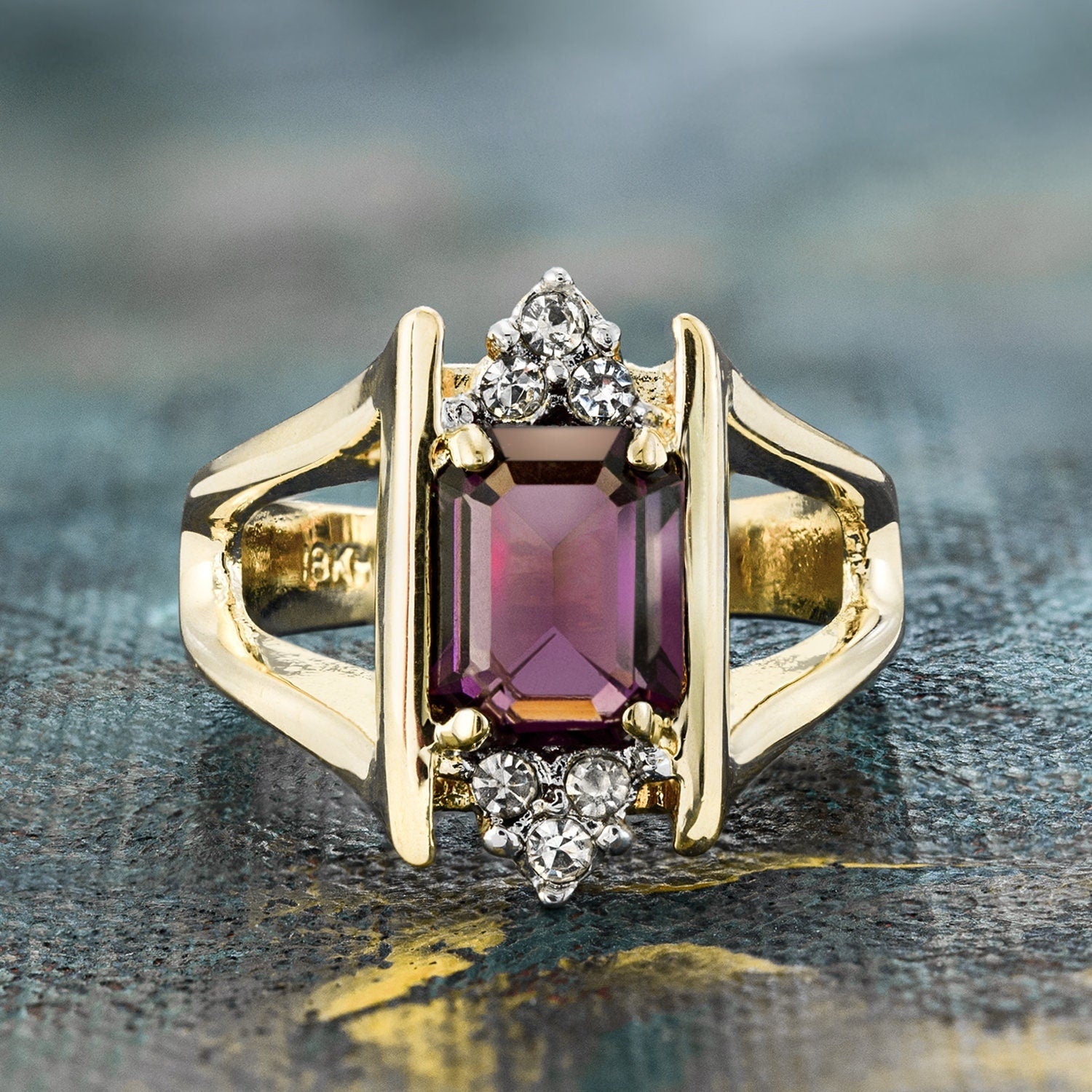 Vintage 1980s Amethyst and Clear Austrian Crystal Ring - 18k Gold Electroplated jewelry image 1