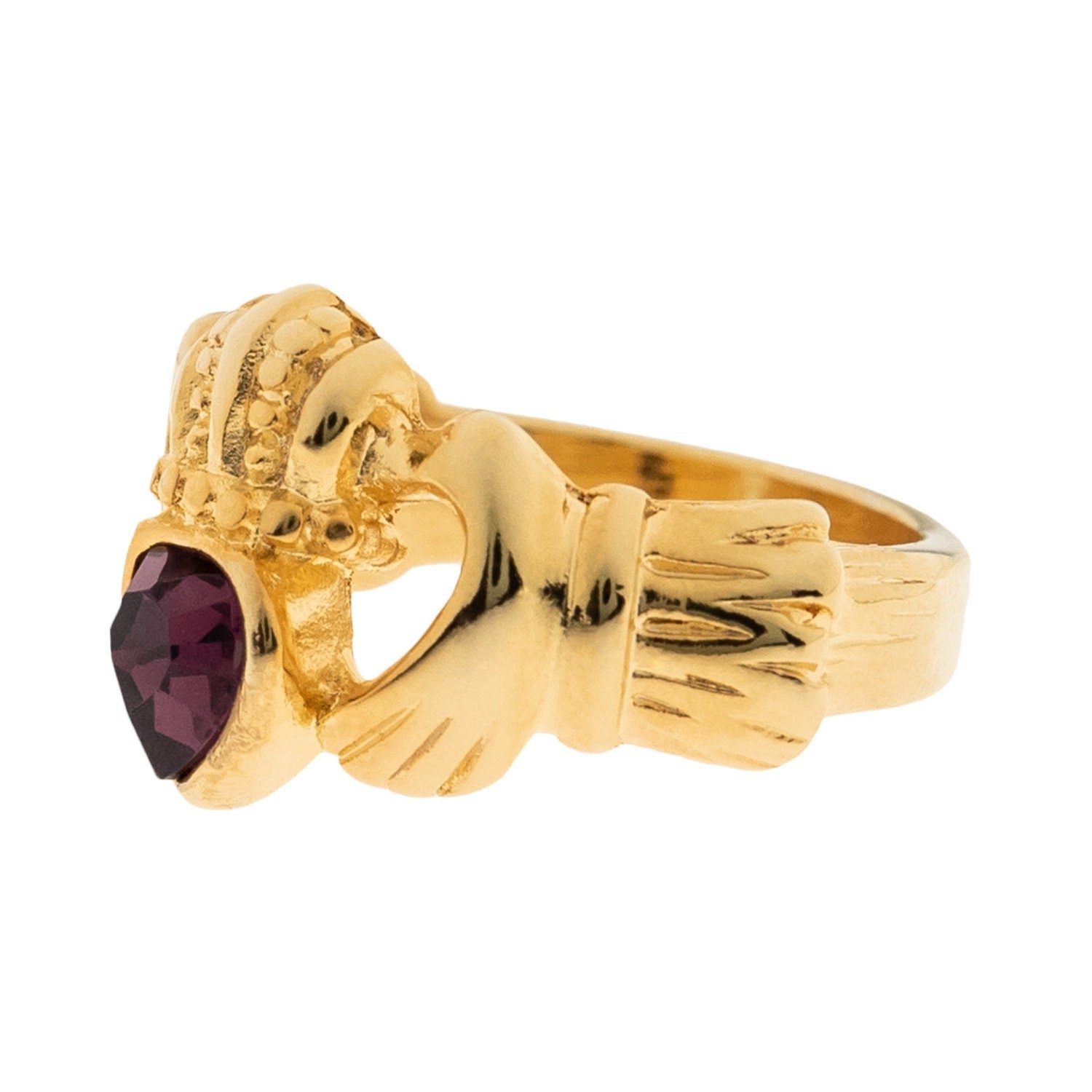 Vintage 1980s Amethyst Austrian Crystal Claddagh Ring - 18k Yellow Gold Electroplated jewelry image 1