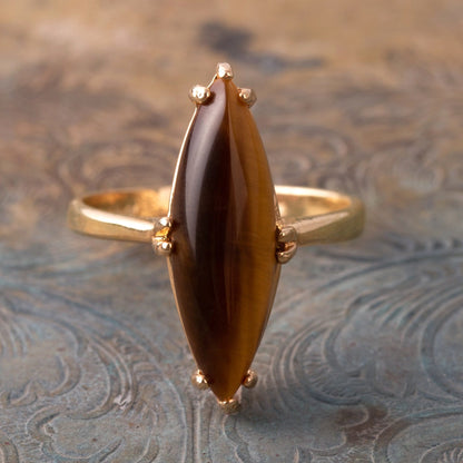Vintage Genuine Tiger's Eye Marquise Ring – 18k Yellow Gold Electroplated, Made in USA jewelry image 1