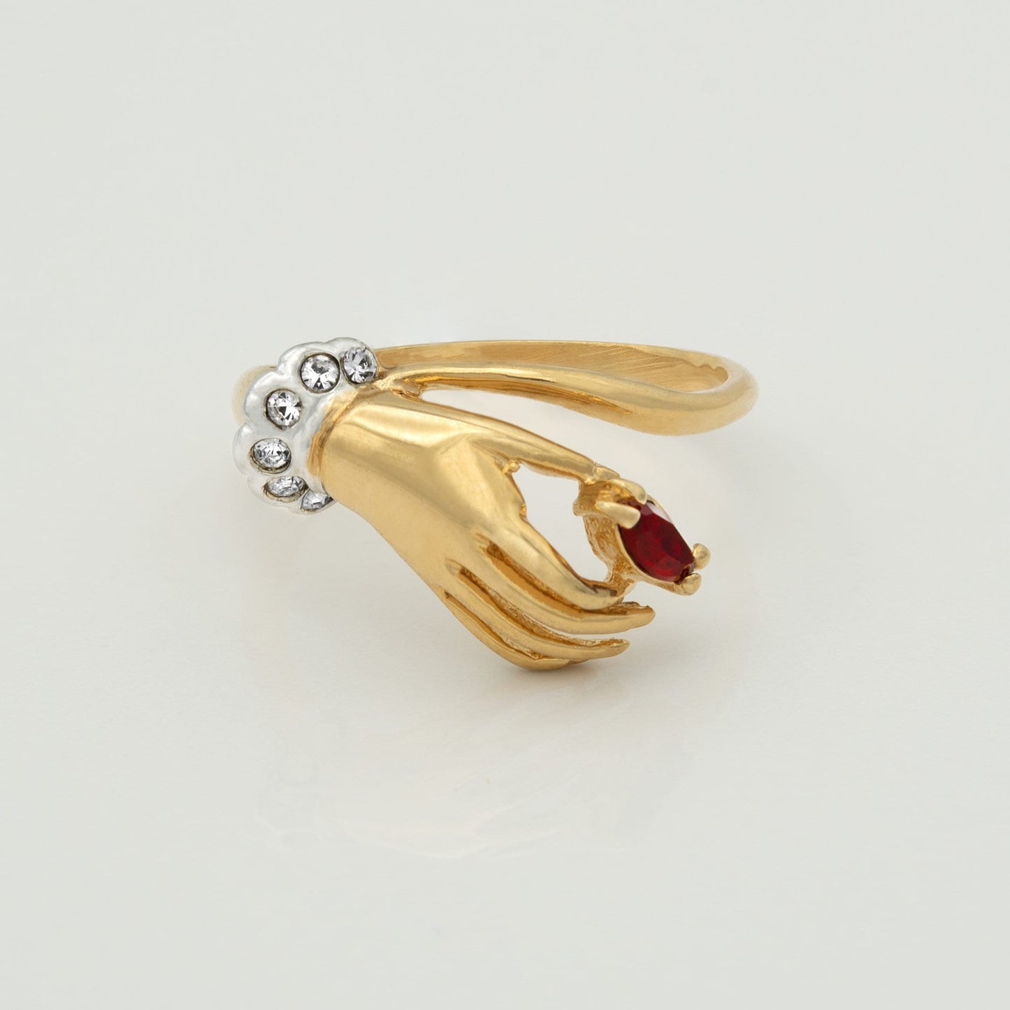Vintage 1980s Victorian Hand Ring with Ruby and Clear Austrian Crystals – 18k Gold Electroplated jewelry image 1