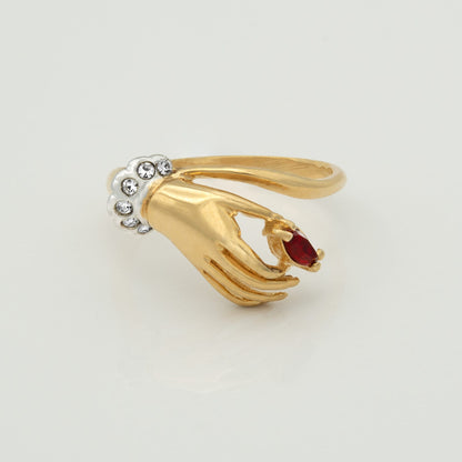 Vintage 1980s Victorian Hand Ring with Ruby and Clear Austrian Crystals – 18k Gold Electroplated jewelry image 1