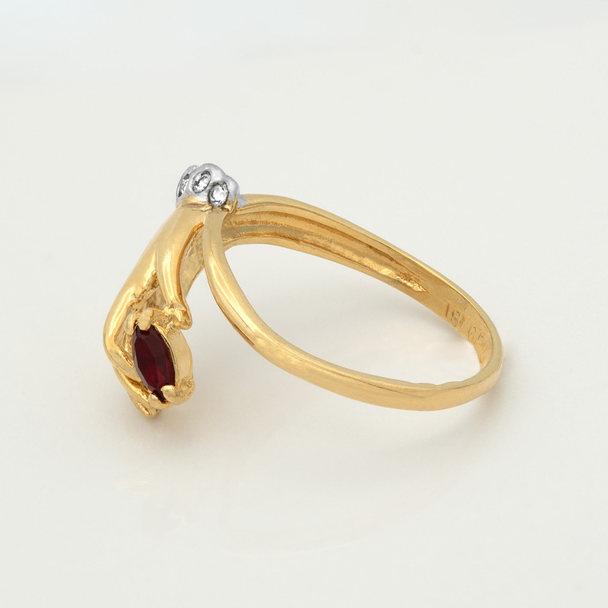 Vintage 1980s Victorian Hand Ring with Ruby and Clear Austrian Crystals – 18k Gold Electroplated jewelry image 1