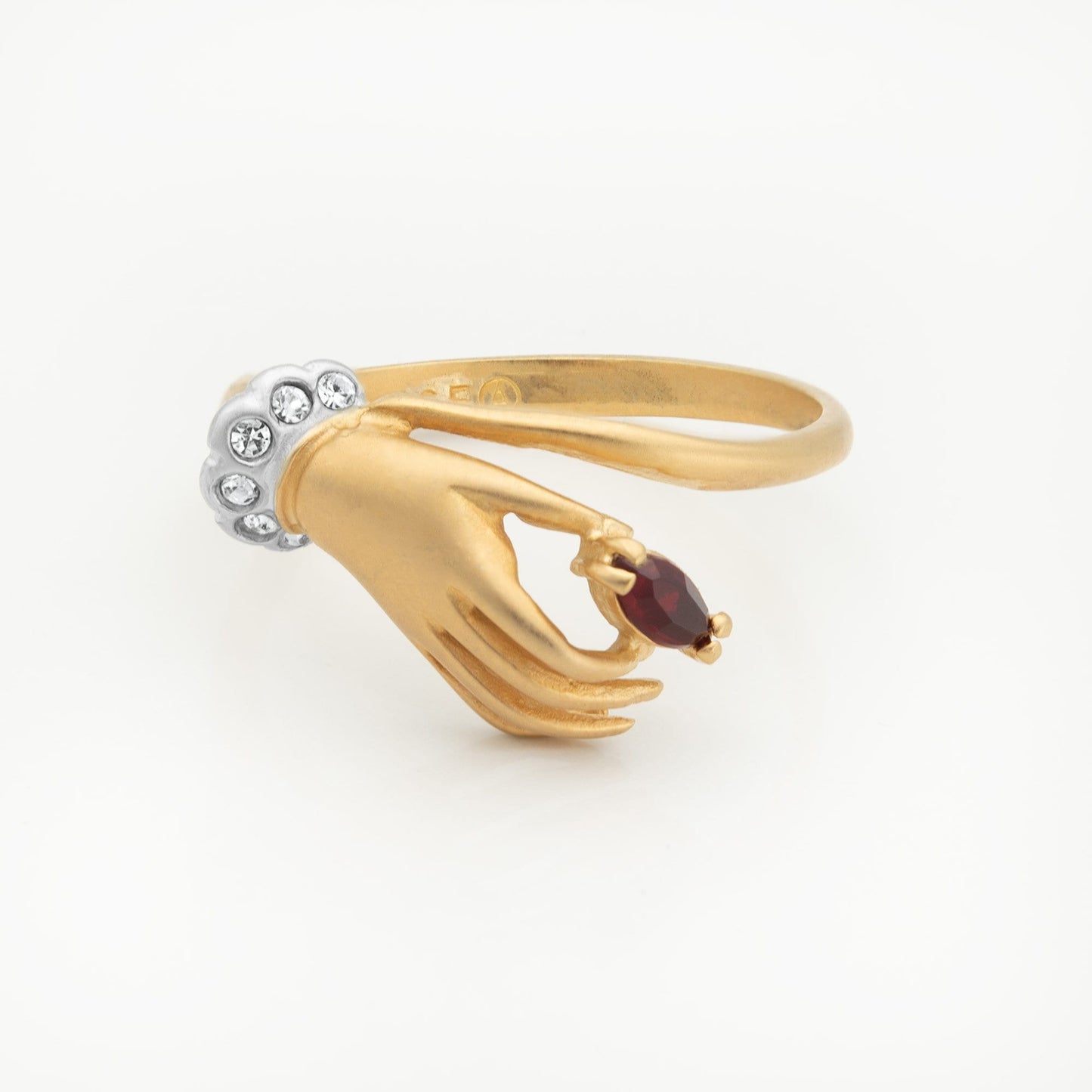 Vintage 1980s Victorian Hand Ring with Ruby and Clear Austrian Crystals – 18k Gold Electroplated Matte Finish jewelry image 1