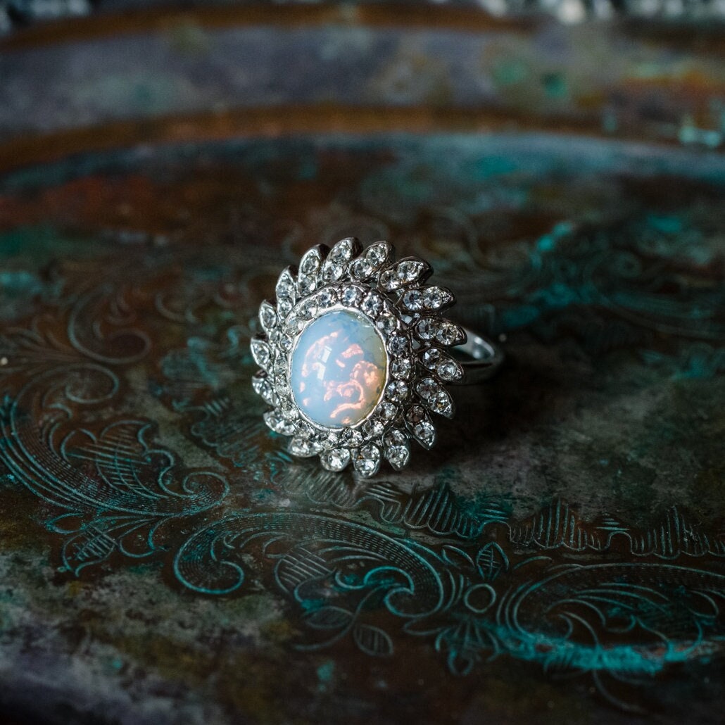 Vintage Jelly Opal Cocktail Ring with Austrian Crystals – 18k White Gold Electroplated – Made in USA jewelry image 1