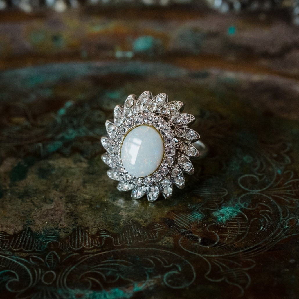 Vintage Genuine Opal Cocktail Ring with Austrian Crystals – 18k White Gold Electroplated – Made in USA jewelry image 1