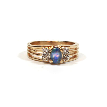 Vintage Genuine Triplet Opal Ring with Austrian Crystal Accents - 18k Gold Plated jewelry image 1