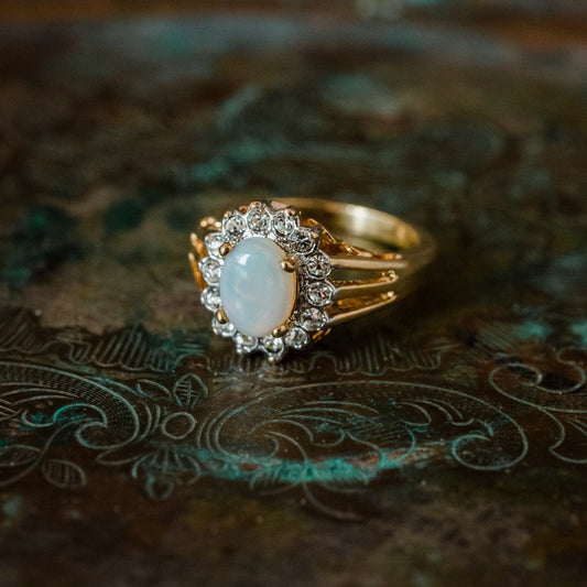 Vintage 1970s Jelly Opal Ring with Clear Austrian Crystals – 18k Yellow Gold Electroplated – Made in USA jewelry image 1