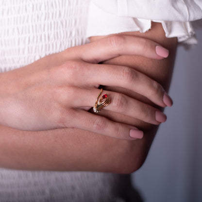 Vintage 1980s Victorian Hand Ring with Ruby and Clear Austrian Crystals – 18k Gold Electroplated jewelry image 1